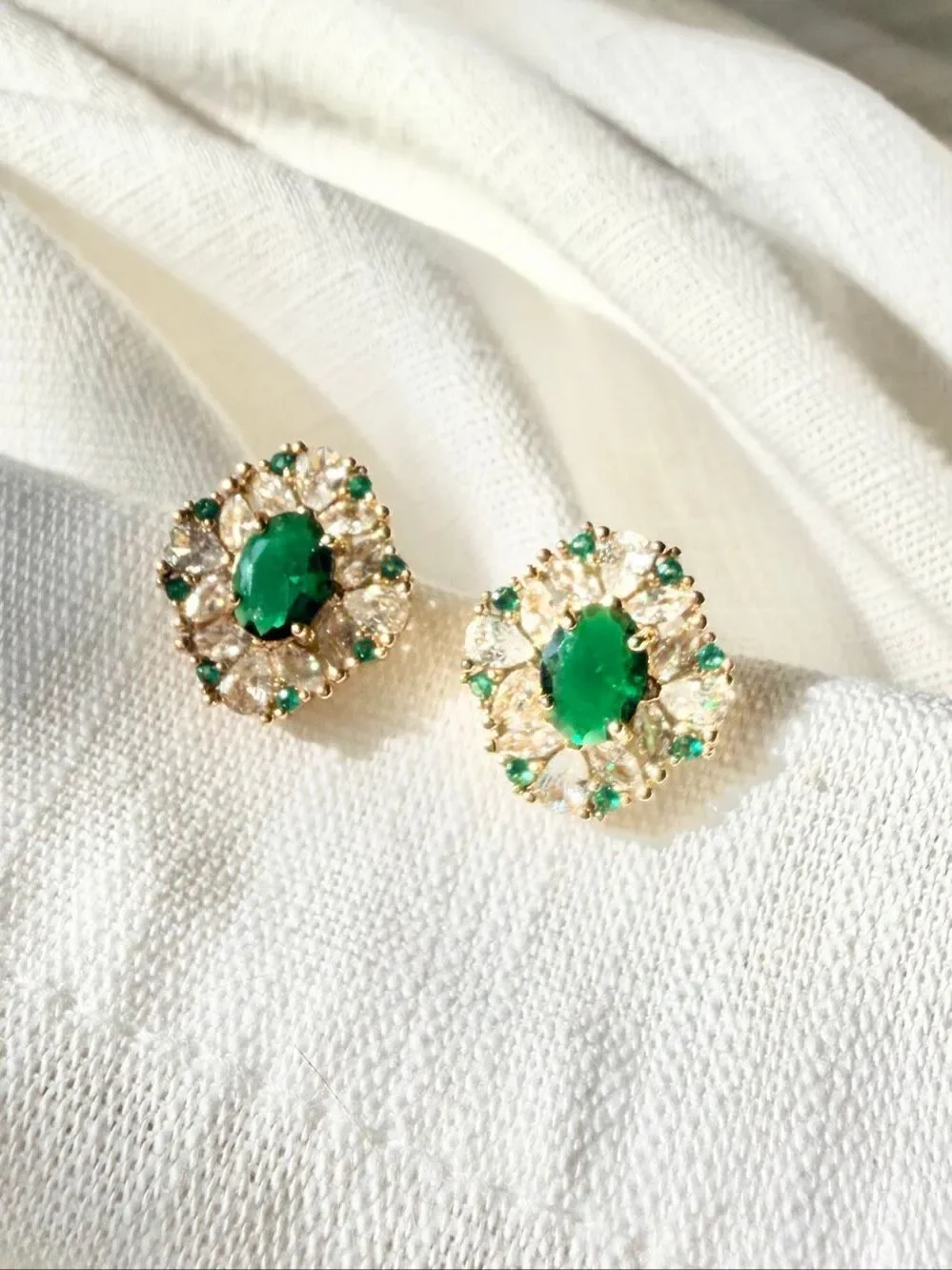 Emerald Green Cubic Zirconia Oval Halo Stud Earrings Gold Tone